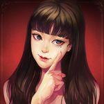  black_eyes brown_hair fingernails liaa long_hair mole mole_under_eye parted_lips pointing realistic red_background solo tomie tomie_kawakami upper_body 