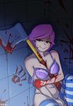  absurdres akairiot axe between_breasts blood blood_stain bloody_clothes bloody_weapon bra breasts brown_eyes commentary corner doubutsu_no_mori hand_print highres holding_arm panties pink_hair purple_bra purple_panties short_hair smile solo strap_slip striped striped_legwear super_smash_bros. underwear underwear_only villager_(doubutsu_no_mori) weapon yandere 