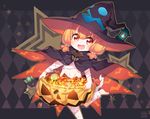  :d bandages barefoot blush candy cape food halloween hat jack-o'-lantern kito_(sorahate) lantern looking_at_viewer navel open_mouth orange_hair original red_eyes short_eyebrows short_hair smile solo star witch_hat 