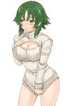  atsuko blush breasts cleavage cleavage_cutout embarrassed green_eyes green_hair large_breasts meme_attire minami-ke mo-fu open-chest_sweater short_hair simple_background solo sweater white_background 