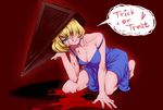  bangs bare_arms bare_legs barefoot blonde_hair blood blood_on_face blood_splatter blood_stain bloody_clothes blue_dress breasts cleavage coffinkun cosplay dress green_eyes hair_over_one_eye hand_on_headwear hat head_tilt heart helmet highres kneeling large_breasts looking_at_viewer off_shoulder pyramid_head pyramid_head_(cosplay) red_background seductive_smile short_hair silent_hill silent_hill_(movie) silent_hill_2 sleeveless smile solo trick_or_treat usotsuki yume_nisshi 