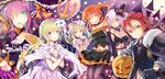  1other 4girls ahoge alexander_(fate/grand_order) androgynous artoria_pendragon_(all) blonde_hair blue_eyes chevalier_d'eon_(fate/grand_order) dress elizabeth_bathory_(fate) elizabeth_bathory_(fate)_(all) elizabeth_bathory_(halloween)_(fate) fate/grand_order fate/stay_night fate/unlimited_codes fate_(series) fujimaru_ritsuka_(female) gloves hair_over_one_eye halloween hat highres jack-o'-lantern kiryuu_mina long_hair mash_kyrielight multiple_girls open_mouth orange_hair pantyhose pink_hair pointy_ears pumpkin purple_eyes purple_hair red_eyes red_hair saber saber_lily short_hair side_ponytail witch_hat yellow_eyes 