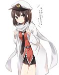  bangs brown_eyes brown_hair commentary_request hat ica kantai_collection necktie remodel_(kantai_collection) scarf sendai_(kantai_collection) short_hair simple_background skirt solo translated white_background white_scarf 