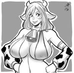  2015 animal_humanoid animale_humanoid arm_warmers bell big_breasts bovine bra breasts cattle clothing collar female greyscale hands_on_hips horn human humanoid mammal monochrome navel solo underwear 