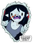  ! 2013 adventure_time black_eyes black_hair breasts clothed clothing curtsibling digital_media_(artwork) english_text female grey_skin hair humanoid long_hair looking_at_viewer marceline open_mouth parody shirt solo speech_bubble straw tank_top teeth text tongue vampire watermark 