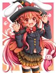  animal_ears bunny_ears bunny_hair_ornament commentary_request ears_through_headwear fang hair_ornament halloween halloween_costume hat highres kantai_collection long_hair open_mouth red_eyes shiruzu_(sk10102194) skirt smile solo uzuki_(kantai_collection) witch_hat 