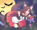  animal_ears apple bat blush_stickers breasts brooch brown_hair candy candy_cane collarbone dress fingernails food fruit full_moon halloween imaizumi_kagerou jewelry long_fingernails long_hair long_sleeves looking_at_viewer medium_breasts mikagami_jun moon nail_polish red_eyes smile solo tail touhou wolf_ears wolf_tail 