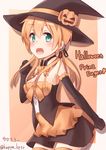  :d absurdres alternate_costume anchor_hair_ornament blonde_hair hair_ornament halloween halloween_costume hat heart highres kantai_collection kapatarou open_mouth prinz_eugen_(kantai_collection) smile solo twintails twitter_username witch_hat 