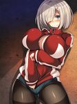  black_legwear blue_eyes blush breasts buruma cleavage cleavage_cutout covering covering_crotch hair_ornament hair_over_one_eye hairclip hamakaze_(kantai_collection) highres jacket kantai_collection large_breasts pantyhose pantyhose_under_buruma short_hair silver_hair solo thighband_pantyhose torisan track_jacket 