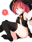  ahoge angry_num ass bare_shoulders bell black_legwear black_panties blush breasts cleavage dorothy_(angry_num) hat highres lens_flare looking_to_the_side original panties red_hair short_hair sitting small_breasts solo thighhighs underwear witch witch_hat yellow_eyes 