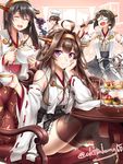  ahoge antennae bad_food black_hair black_legwear brown_hair cake chair chef_hat closed_eyes cup detached_sleeves food glasses hakama hand_on_own_cheek haruna_(kantai_collection) hat headgear hiei_(kantai_collection) japanese_clothes kantai_collection kirishima_(kantai_collection) kongou_(kantai_collection) long_hair long_sleeves looking_at_viewer microphone multiple_girls okitakung open_mouth purple_eyes ribbon-trimmed_sleeves ribbon_trim shirt short_hair sitting skirt smile smoke table teacup teapot thighhighs thighs very_long_hair wide_sleeves zettai_ryouiki 