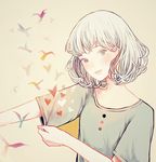  bad_id bad_pixiv_id beige_background buttons curly_hair grey_shirt heart looking_at_viewer origami original paper_crane shirt short_sleeves silhouette simple_background sleeve_tug solo t-shirt tofuvi upper_body white_hair 