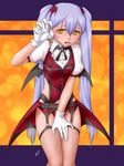  ^jj^ black_wings embarrassed fang fishnet_legwear fishnets garter_belt gloves halloween highres hoshino_ruri kidou_senkan_nadesico long_hair looking_at_viewer open_mouth solo thighhighs very_long_hair white_gloves wings 