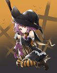  alternate_costume bare_shoulders broom commentary_request detached_sleeves hair_bobbles hair_ornament halloween halloween_costume hat kantai_collection long_sleeves open_mouth sazanami_(kantai_collection) short_hair soborou solo striped striped_legwear witch_hat 