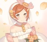  bare_shoulders choker dress flower hair_flower hair_ornament hoshizora_rin looking_at_viewer love_live! love_live!_school_idol_project love_wing_bell minasenagi orange_hair petals short_hair solo wedding_dress yellow_eyes 