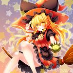  aiming_at_viewer alternate_color alternate_hairstyle apron bamboo_broom bare_legs blonde_hair bow braid broom broom_riding grin halloween halloween_costume hat hat_bow highres jack-o'-lantern kirisame_marisa long_hair looking_at_viewer mini-hakkero osashin_(osada) puffy_short_sleeves puffy_sleeves shirt short_sleeves sidesaddle skirt skirt_set smile solo star touhou twin_braids upskirt very_long_hair vest waist_apron witch_hat yellow_eyes 