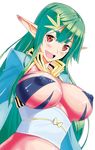  :d bad_id bad_pixiv_id bow breasts brown_eyes covered_nipples eyebrows green_hair karube_ponzu large_breasts long_hair looking_at_viewer open_mouth pointy_ears smile solo 