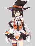  bangs black_hair double-breasted elbow_gloves gloves halloween hat ica kantai_collection necktie remodel_(kantai_collection) scarf sendai_(kantai_collection) short_hair single_thighhigh solo thighhighs white_scarf witch_hat 
