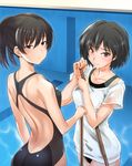  amagami backless_outfit bare_back bare_shoulders black_hair broom cleaning collarbone commentary_request competition_swimsuit cowboy_shot embarrassed looking_at_viewer multiple_girls murasaki_iro nanasaki_ai one-piece_swimsuit ponytail pool see-through shirt short_hair short_sleeves standing sweatdrop swimsuit swimsuit_under_clothes tsukahara_hibiki wavy_mouth white_shirt 