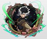  arrow_in_mouth asura_(fire_emblem_if) bad_id bad_pixiv_id black_hair bow_(weapon) brown_eyes cape fire_emblem fire_emblem_if gloves grey_background highres male_focus mouth_hold multicolored_hair simple_background solo soumu two-tone_hair weapon white_hair 