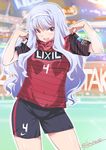  adjusting_clothes blush breasts idolmaster idolmaster_(classic) inoue_sora j._league kashima_antlers large_breasts long_hair looking_at_viewer open_mouth red_eyes shijou_takane silver_hair smile soccer_uniform solo sportswear twitter_username 