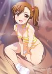  breasts brown_eyes brown_hair camisole cleavage futami_mami idolmaster idolmaster_(classic) inoue_sora looking_at_viewer open_mouth panties short_hair side_ponytail sitting small_breasts smile solo striped striped_panties underwear 