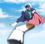  absurdres bodysuit boot_removed boots cape cloud day dragon_ball dragon_ball_z great_saiyaman_2 helmet highres shoe_loss single_boot sky solo videl 