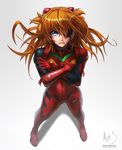  bangs blue_eyes bodysuit bracer crossed_arms duct_tape evangelion:_3.0_you_can_(not)_redo eyepatch floating_hair from_above full_body gloves gradient gradient_background gunbuster_pose hair_ornament hybridmink legs_apart long_hair looking_at_viewer neon_genesis_evangelion number orange_hair parted_lips pilot_suit plugsuit rebuild_of_evangelion serious shadow shikinami_asuka_langley signature souryuu_asuka_langley standing turtleneck two_side_up watermark web_address 