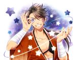  bandages brown_hair grin holiday-jin japanese_clothes male_focus mutsu-no-kami_yoshiyuki one_eye_closed smile solo star touken_ranbu upper_body yellow_eyes 