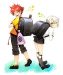  aizen_kunitoshi backpack bag bandaid bandaid_on_nose garters green_eyes grey_legwear holiday-jin hotarumaru kneehighs looking_back male_focus multiple_boys open_mouth randoseru red_hair shorts silver_hair smile sock_garters star touken_ranbu yellow_eyes 