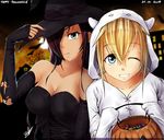  ami_(eru) bare_shoulders blonde_hair blue_eyes breasts brown_hair cleavage elbow_gloves eru-sennin fingerless_gloves gloves green_eyes halloween hat long_hair maki_(eru) medium_breasts multiple_girls one_eye_closed original short_hair torn_clothes torn_gloves witch_hat 