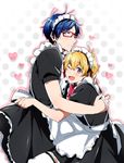  aiwana alternate_costume apron blonde_hair blue_hair blush crossdressing enmaided free! glasses hazuki_nagisa heart hug maid maid_headdress male_focus multiple_boys one_eye_closed open_mouth purple_eyes red-framed_eyewear red_eyes ryuugazaki_rei smile thighhighs waist_apron white_legwear 