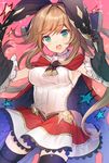  aqua_eyes bangs black_gloves black_legwear blush bow breasts brown_hair cape clarisse_(granblue_fantasy) cowboy_shot eyebrows eyebrows_visible_through_hair gloves gradient gradient_background granblue_fantasy hair_bow hair_ornament hair_ribbon hayama_eishi long_hair looking_at_viewer medium_breasts open_mouth ponytail pulled_by_self ribbon sideboob skirt sleeveless solo sparkle star thighhighs zettai_ryouiki 