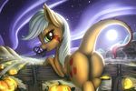  2015 animal_genitalia applejack_(mlp) butt clitoris cutie_mark equine equine_pussy female fence feral friendship_is_magic fshydale full_moon hair halloween holidays jack_o&#039;_lantern long_hair mammal moon my_little_pony pumpkin pussy raised_tail solo tatzljack tatzlwurm tentacle_tongue tentacles tree 