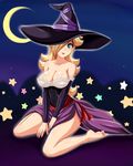  barefoot blonde_hair blue_eyes breasts cleavage detached_sleeves dragon's_crown dress hair_over_one_eye halloween hat highres large_breasts long_hair mario_(series) rosetta_(mario) sigurd_hosenfeld solo sorceress_(dragon's_crown) sorceress_(dragon's_crown)_(cosplay) strapless strapless_dress super_mario_bros. super_mario_galaxy witch_hat 
