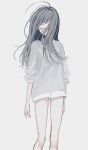  1girl ahoge bad_id bad_twitter_id closed_mouth covered_eyes eyes_closed floating_hair grey_background grey_sweater hair_over_eyes highres long_hair long_sleeves original p2_(uxjzz) shorts simple_background solo standing sweater white_shorts 
