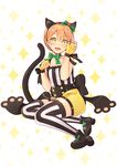  absurdres ameyame animal_ears bad_id bad_pixiv_id bare_arms cat_ears cat_tail choker collarbone fake_animal_ears fang fingerless_gloves gloves highres hoshizora_rin kemonomimi_mode light_brown_hair love_live! love_live!_school_idol_project open_mouth paw_pose ribbon_choker sash shirt shorts sitting sleeveless sleeveless_shirt smile solo striped striped_legwear tail thighhighs wrist_bow yellow_eyes yellow_gloves 