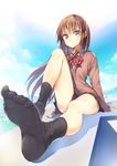  arm_support bad_id bad_pixiv_id bangs black_legwear blue_sky blush bow bowtie brown_hair cardigan day feet full_body long_hair long_sleeves looking_at_viewer miniskirt no_shoes original outdoors revision school_uniform shadow sitting skirt sky sleeves_past_wrists socks soles solo striped striped_bow striped_neckwear sweater_vest toes umeboshitora very_long_hair 