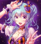  :d aqua_hair bangs blush bow breasts choker cleavage collarbone fang frills gradient_eyes hair_bow hand_on_own_head jewelry long_hair looking_at_viewer medium_breasts multicolored multicolored_eyes necklace open_mouth orange_eyes original pink_eyes puffy_short_sleeves puffy_sleeves purple_background purple_eyes revision short_sleeves smile solo sparkle striped tsuru_ringo two_side_up upper_body vertical_stripes w wrist_cuffs 