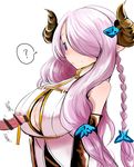  ? bar_censor bare_shoulders black_gloves blue_eyes blush breasts butterfly_hair_ornament censored demon_horns draph elbow_gloves gloves granblue_fantasy hair_ornament hair_over_one_eye han_(jackpot) horns imminent_paizuri large_breasts lavender_hair long_hair narmaya_(granblue_fantasy) penis pointy_ears simple_background solo_focus white_background 