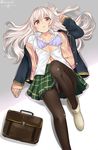  bag black_legwear blush bra brown_eyes cardigan isshiki_(ffmania7) long_hair looking_at_viewer low-tied_long_hair lying open_cardigan open_clothes open_shirt original panties panties_under_pantyhose pantyhose school_bag shirt silver_hair skirt solo twitter_username underwear 