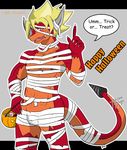  abs anthro blush bulge clothed clothing dialogue dragon drum_(buddyfight) drum_bunker_dragon english_text front_view halloween heibanhikaru holidays letterbox male nipples open_mouth pecs scalie signature skimpy solo speech_bubble standing talking_to_viewer text tone 