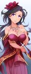  bare_shoulders black_hair breasts cleavage dress hair_ornament hand_on_own_chest idolmaster idolmaster_cinderella_girls jewelry large_breasts long_hair looking_at_viewer luncheon_meat_umai necklace parted_lips purple_eyes red_ballad solo sparkle strapless strapless_dress takahashi_reiko 