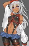  breasts covered_nipples dark_skin fang gloves grey_background isshiki_(ffmania7) long_hair medium_breasts navel off_shoulder original parted_lips purple_eyes silver_hair simple_background solo 