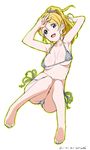  2015 :d armpits arms_up artist_name ayase_eli baba_arumi bare_legs barefoot bikini blonde_hair blue_eyes breasts cameltoe covered_nipples dated full_body grey_bikini halterneck knees_together_feet_apart large_breasts love_live! love_live!_school_idol_project navel open_mouth outline ponytail side-tie_bikini simple_background smile solo string_bikini swimsuit v white_background 
