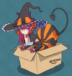  amazon_(company) box cardboard_box choker dress earrings elizabeth_bathory_(fate) elizabeth_bathory_(fate)_(all) elizabeth_bathory_(halloween)_(fate) fate/extra fate/extra_ccc fate/grand_order fate_(series) hat highres horns in_box in_container jewelry long_hair pointy_ears pumpkin solo tail utu_(ldnsft) witch_hat 