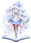  blue_eyes blue_hair blush book bunny cape cocorip hat hatsune_miku highres long_hair looking_at_viewer open_mouth pantyhose skirt snow_bunny snowflakes snowman suki!_yuki!_maji_magic_(vocaloid) twintails very_long_hair vocaloid wand witch_hat yuki_miku yukine_(vocaloid) 