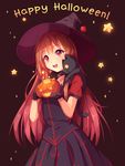  :d artist_name black_background black_cat black_dress black_gloves blush borrowed_character cat commission cowboy_shot dress gloves glowing halloween happy_halloween hat holding_pumpkin hyanna-natsu jack-o'-lantern long_hair open_mouth original red_eyes red_hair short_sleeves simple_background smile solo standing star witch_hat yellow_sclera 