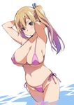  armpits arms_behind_head arms_up bikini blush breasts bursting_breasts cleavage cowboy_shot dutch_angle from_side gradient_hair groin hair_between_eyes hair_ribbon kawakami_mai large_breasts light_brown_hair light_smile long_hair looking_at_viewer micro_bikini mole mole_under_eye multicolored_hair musaigen_no_phantom_world navel pink_bikini purple_eyes purple_hair reflection ribbon side-tie_bikini side_ponytail sideboob simple_background skindentation smile solo standing string_bikini swimsuit takeda_hiromitsu two-tone_hair underboob wading water white_background 