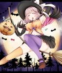  :o armpits bangs bare_tree basket bat black_gloves black_hat black_ribbon black_skirt blunt_bangs blush bow breasts broom broom_riding brown_footwear candy cape crossover danganronpa elbow_gloves food food_themed_hair_ornament forest from_below full_moon gloves grave hair_ornament hairclip halloween halloween_basket halloween_costume hand_on_headwear hand_up hat hat_bow highres jack-o'-lantern kuramira large_breasts letterboxed looking_at_viewer mary_janes miniskirt mismatched_legwear moon nanami_chiaki nature navel night night_sky orange_legwear outdoors pleated_skirt pumpkin pumpkin_hair_ornament purple_bow purple_eyes purple_hair purple_legwear ribbon shoes skirt sky solo striped super_danganronpa_2 thighhighs tongue tree upskirt white_bow witch_hat 